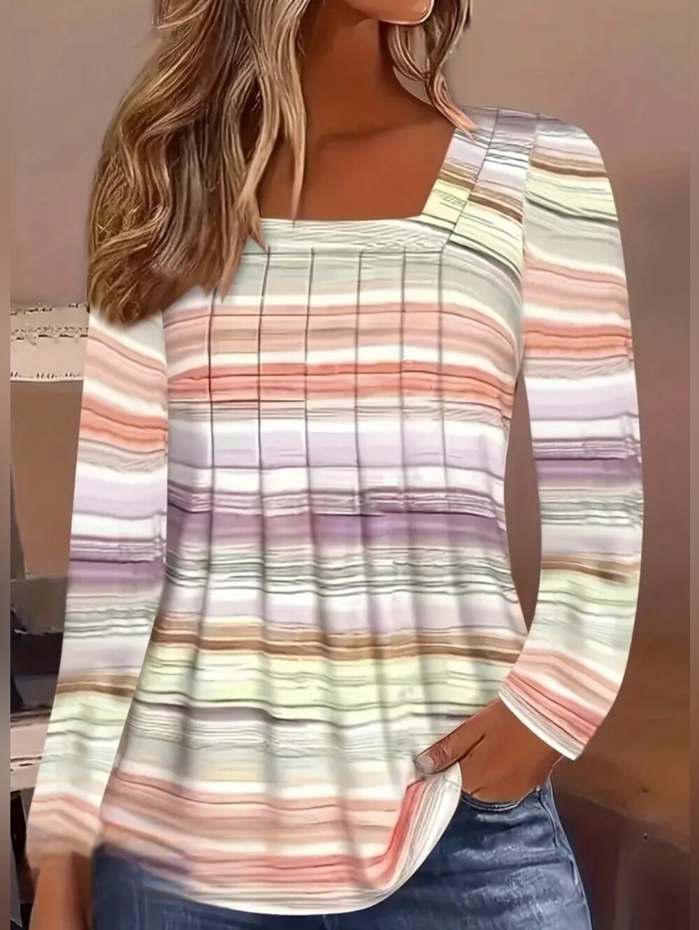 Women's Long Sleeved Shirt Top Orange Striped 2XL Pullover Blouse Square Neck